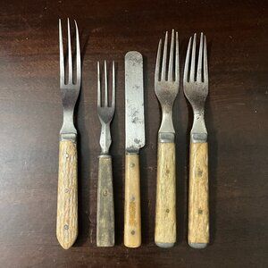 Set of 5 Antique Early American Forks & Knife with Bone and Antler Handles